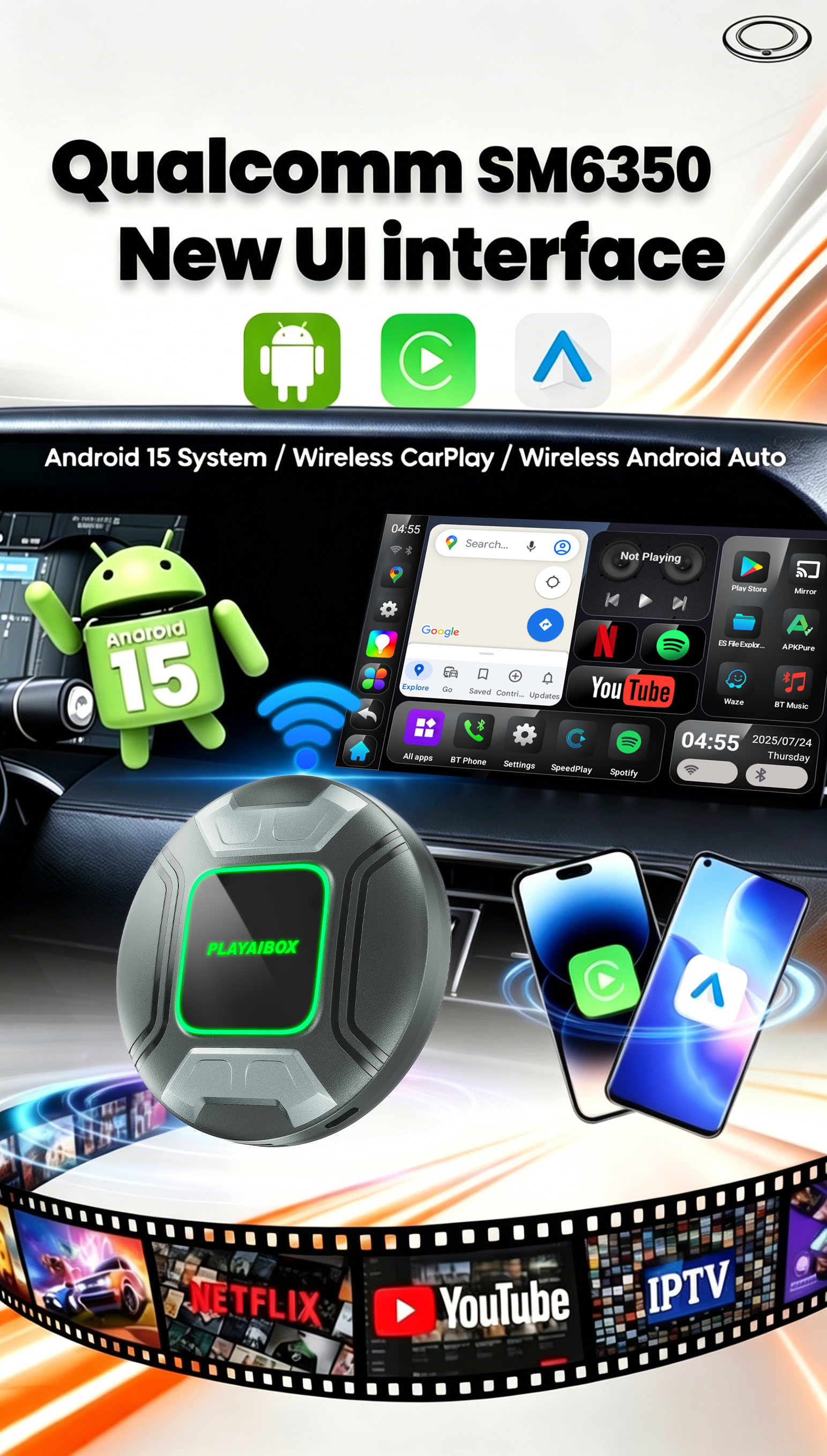PlayAiBox Qualcomm 6350 Android15 Wireless Carplay AI Box 8GB+128GB Mirrolink 5G Network HDMI Car Multimedia for YouTube Netflix