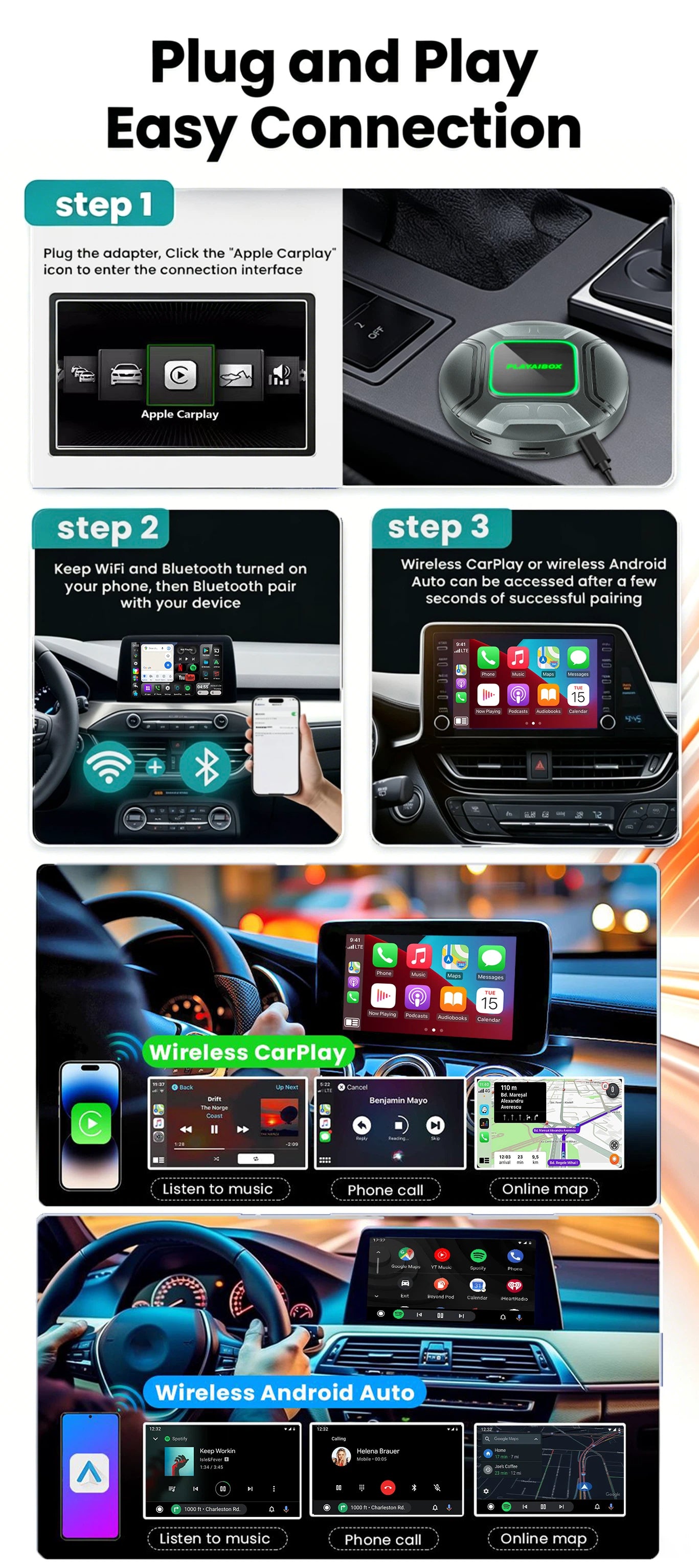 PlayAiBox Qualcomm 6350 Android15 Wireless Carplay AI Box 8GB+128GB Mirrolink 5G Network HDMI Car Multimedia for YouTube Netflix