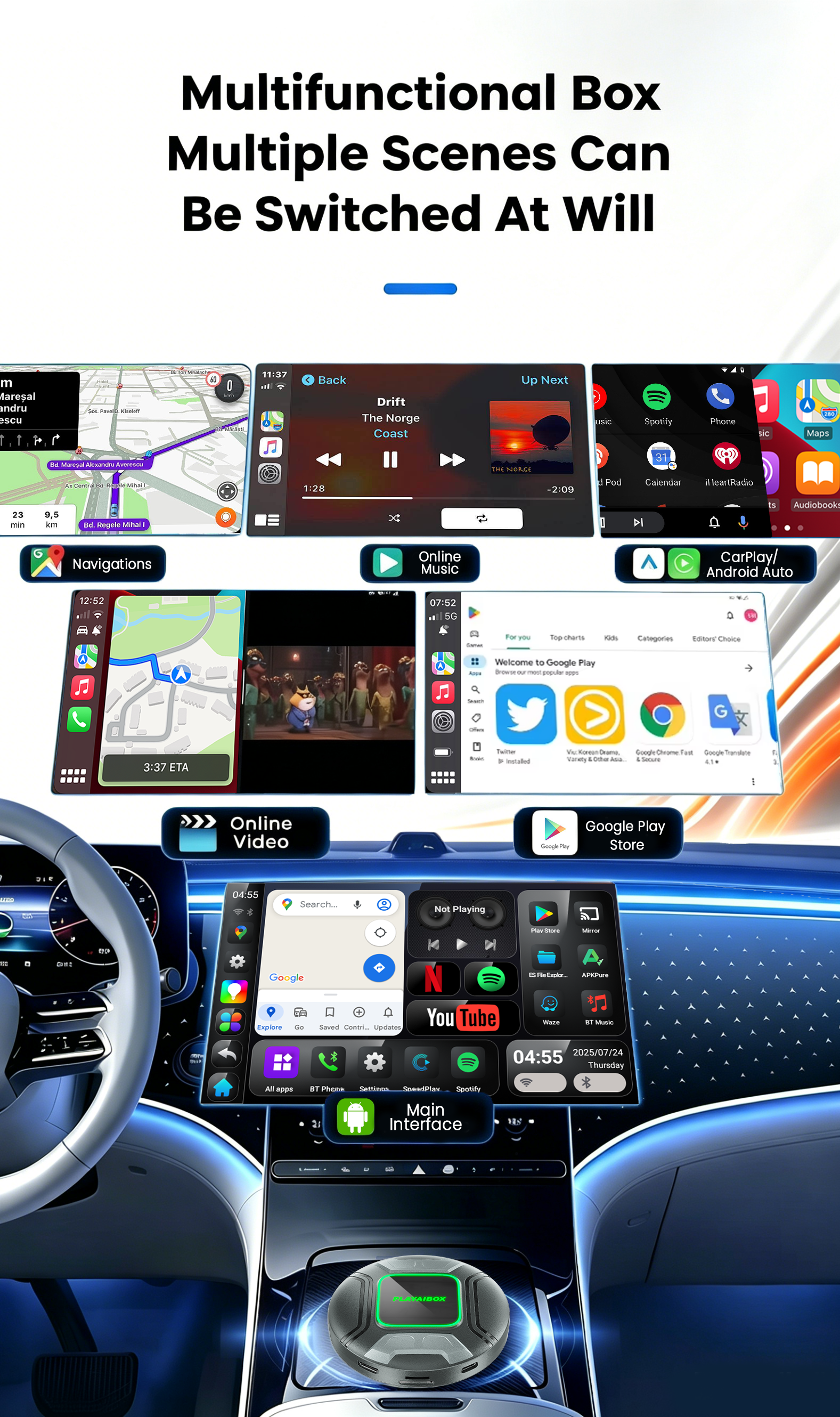 PlayAiBox Qualcomm 6350 Android15 Wireless Carplay AI Box 8GB+128GB Mirrolink 5G Network HDMI Car Multimedia for YouTube Netflix