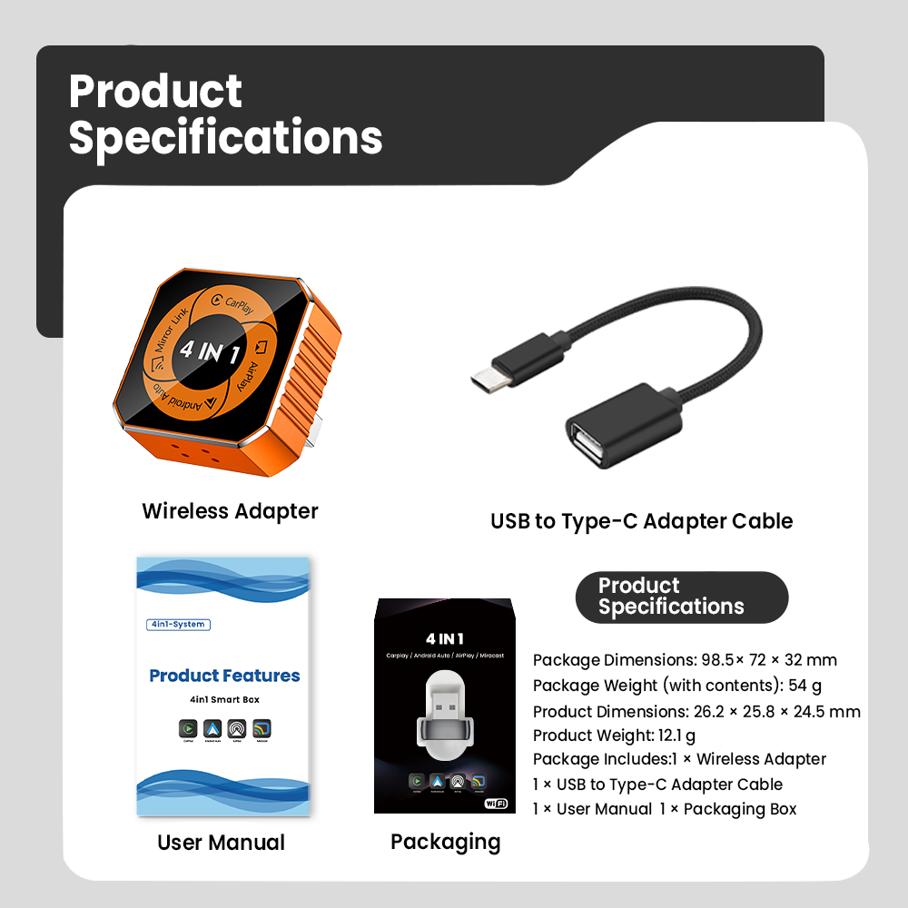 4-in-1 Wireless CarPlay Dongle, Plug and Play, Supports Video Playback Via CarPlay/Android Auto/Android Mirror/Apple Mirror.