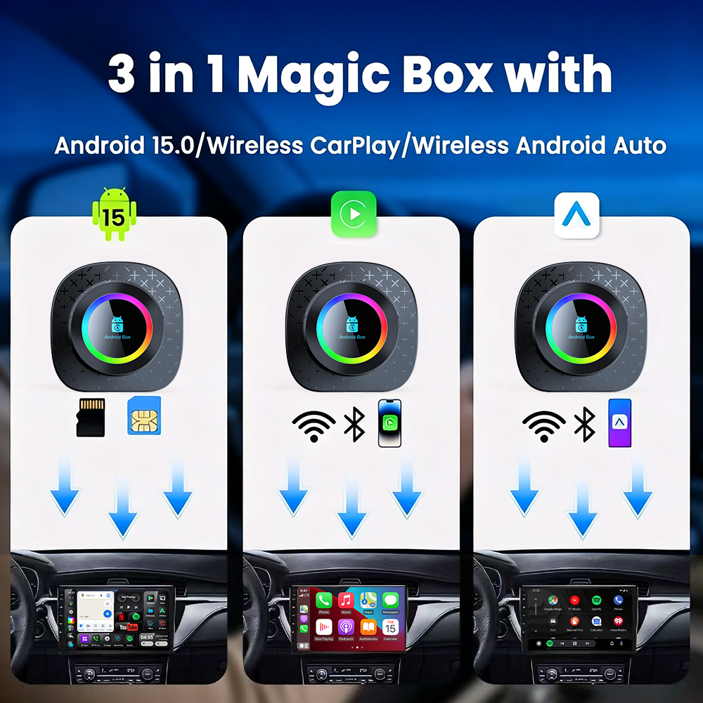 Playaibox 4G+64GB Carplay Android Auto Stereo Video Car Adapter Ai Car Play Box Android 15 Universal Module Wireless Car Play