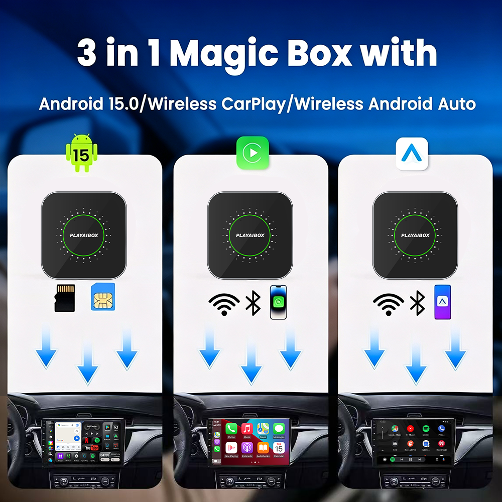 Newest Android 15 System CarPlay AI Box 4G+64GB Wireless Adapter Car Multimedia Player Supports Split Screen & Multi Apps