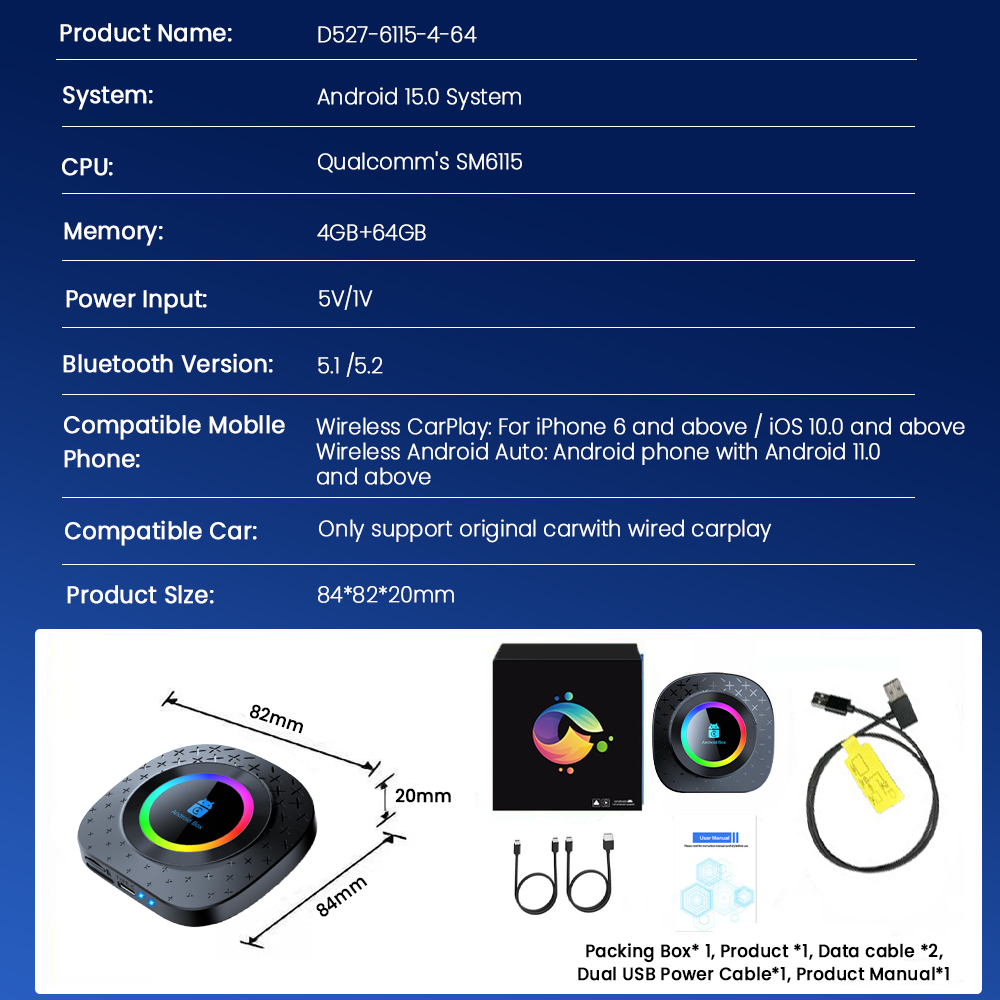 Playaibox 4G+64GB Carplay Android Auto Stereo Video Car Adapter Ai Car Play Box Android 15 Universal Module Wireless Car Play