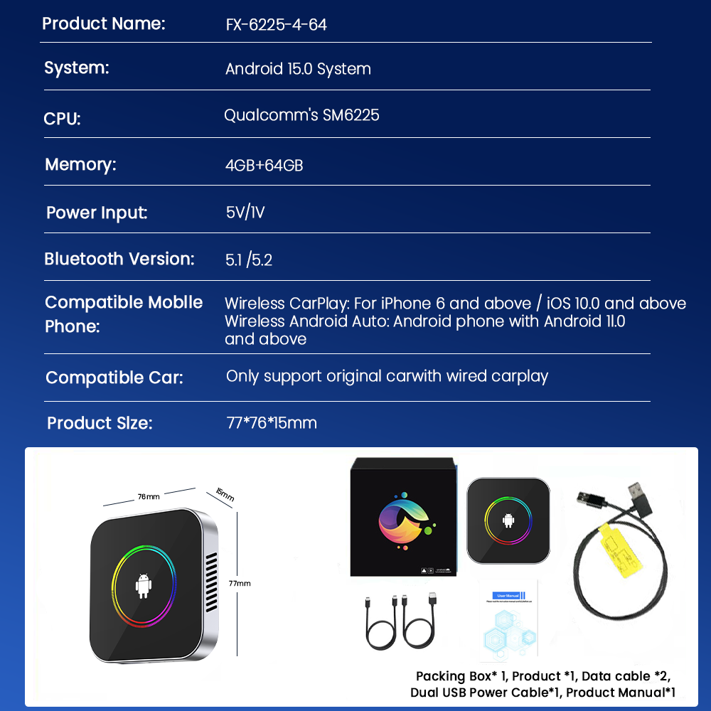 PlayAiBox  Android 15 CarPlay AI Box 4G+64GB Wireless Car Adapter Tbox Multimedia Player for YouTube Netflix GPS Navigation