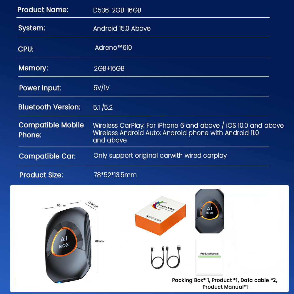 Wireless CarPlay Adapter. Built-in Android 15 System for Android Boxes. 2G + 16GB, Plug and Play, Can Download Any Application.