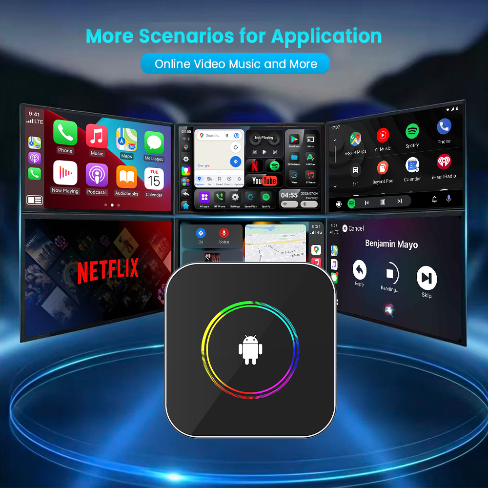 PlayAiBox Qualcomm 6115 Wireless CarPlay Android Box, 4+64GB Android 15 System, Built-in YouTube Netflix and Other Applications.