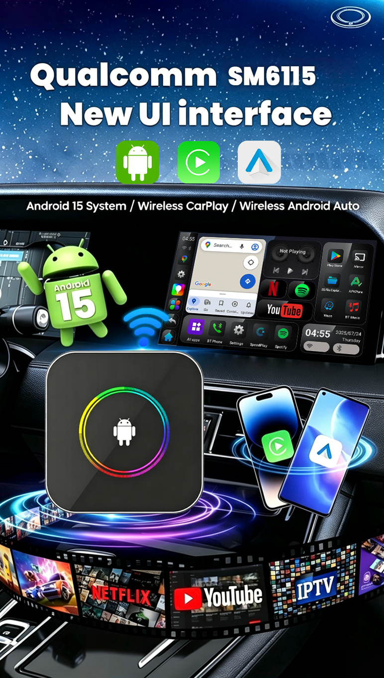 PlayAiBox Qualcomm 6115 Wireless CarPlay Android Box, 4+64GB Android 15 System, Built-in YouTube Netflix and Other Applications.