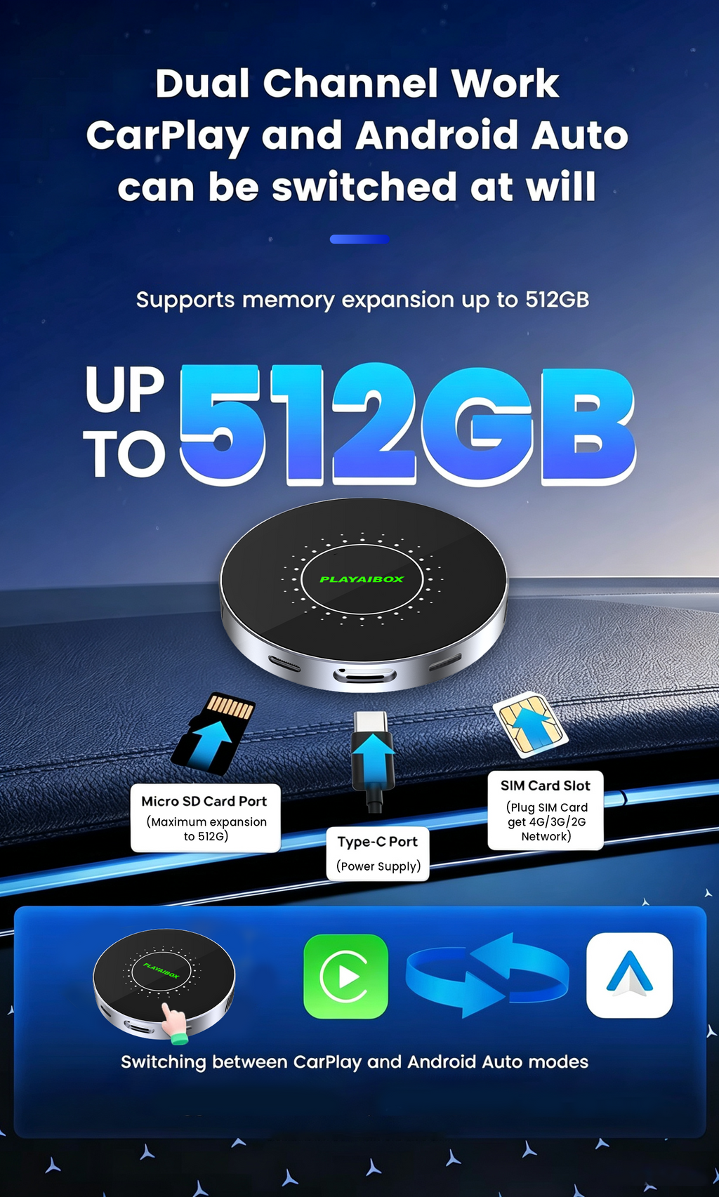 PlayAiBox Android 15 System Wireless CarPlay Ai Box 4GB+64GB Built-in Gps for Youtube Netflix for OEM Car With Wired Carplay