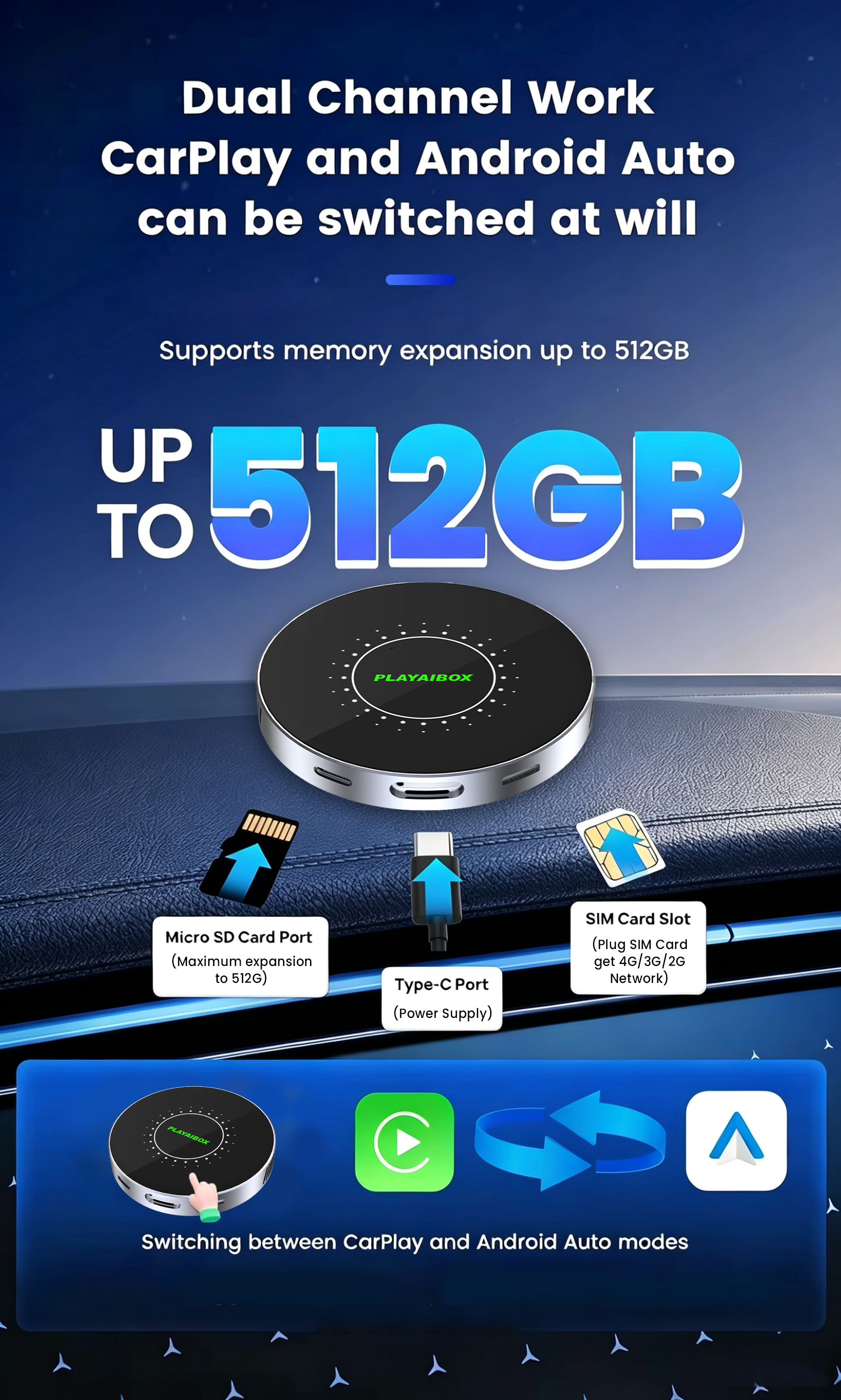 PlayAiBox Android 15 System Wireless CarPlay Ai Box 4GB+64GB Built-in Gps for Youtube Netflix for OEM Car With Wired Carplay