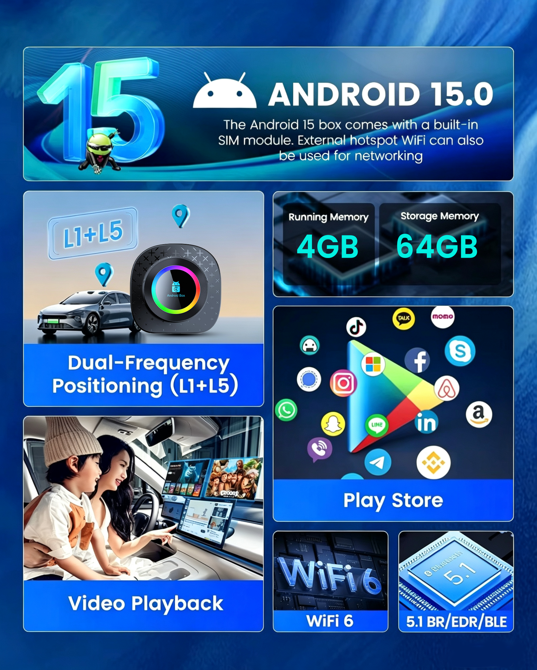 Playaibox 4G+64GB Carplay Android Auto Stereo Video Car Adapter Ai Car Play Box Android 15 Universal Module Wireless Car Play