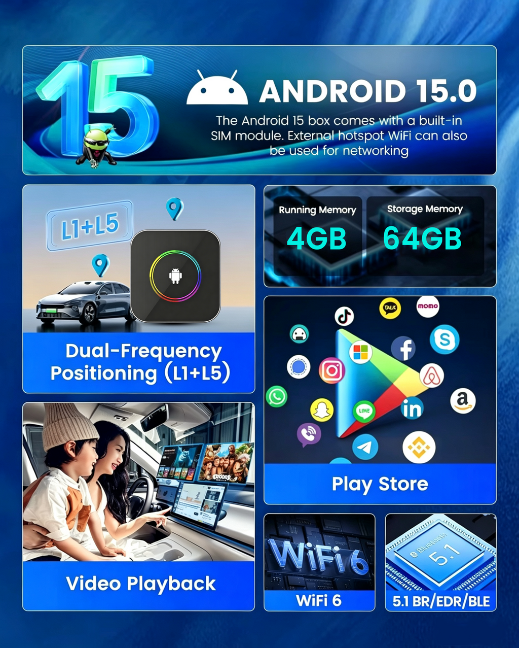 PlayAiBox  Android 15 CarPlay AI Box 4G+64GB Wireless Car Adapter Tbox Multimedia Player for YouTube Netflix GPS Navigation