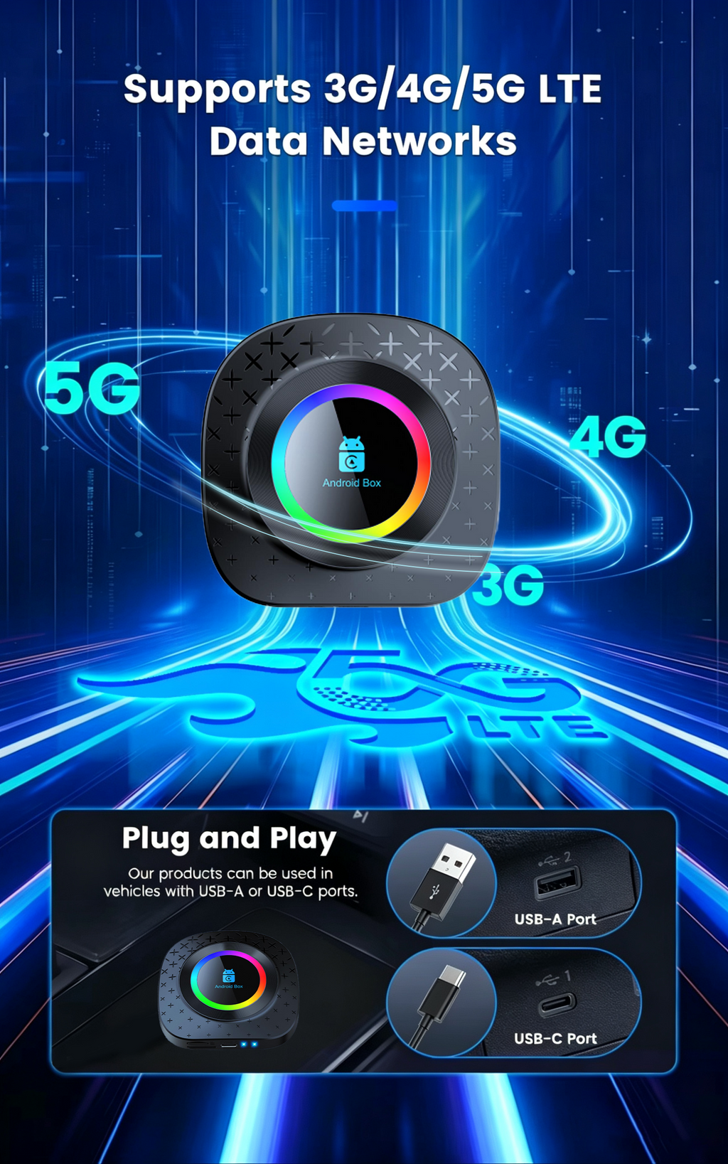 Playaibox 4G+64GB Carplay Android Auto Stereo Video Car Adapter Ai Car Play Box Android 15 Universal Module Wireless Car Play