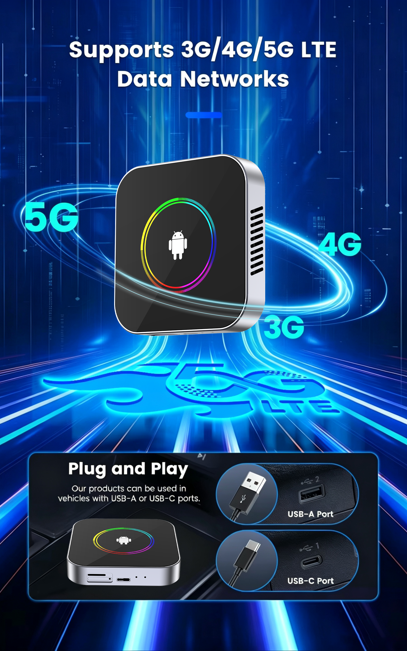 PlayAiBox Qualcomm 6115 Wireless CarPlay Android Box, 4+64GB Android 15 System, Built-in YouTube Netflix and Other Applications.