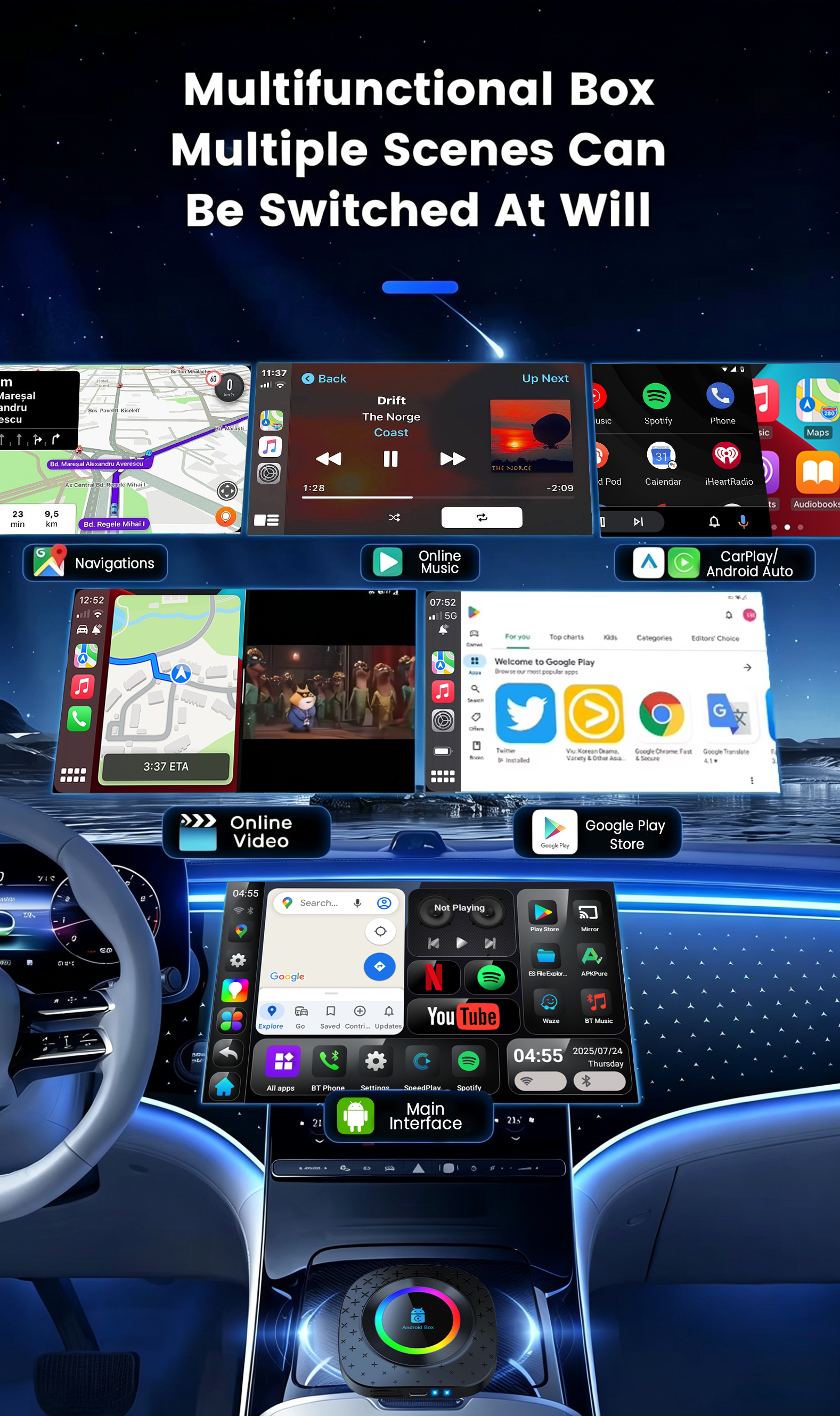 Playaibox 4G+64GB Carplay Android Auto Stereo Video Car Adapter Ai Car Play Box Android 15 Universal Module Wireless Car Play