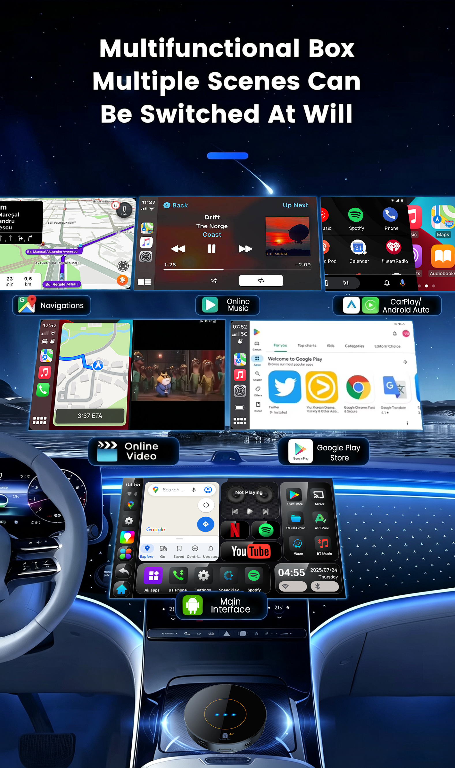 Playaibox CarPlay Ai Box 4GB+64GB Car Smart Box Android15 Wireless Apple Android Auto CarPlay Adapter AiBox Android 15 Carplay