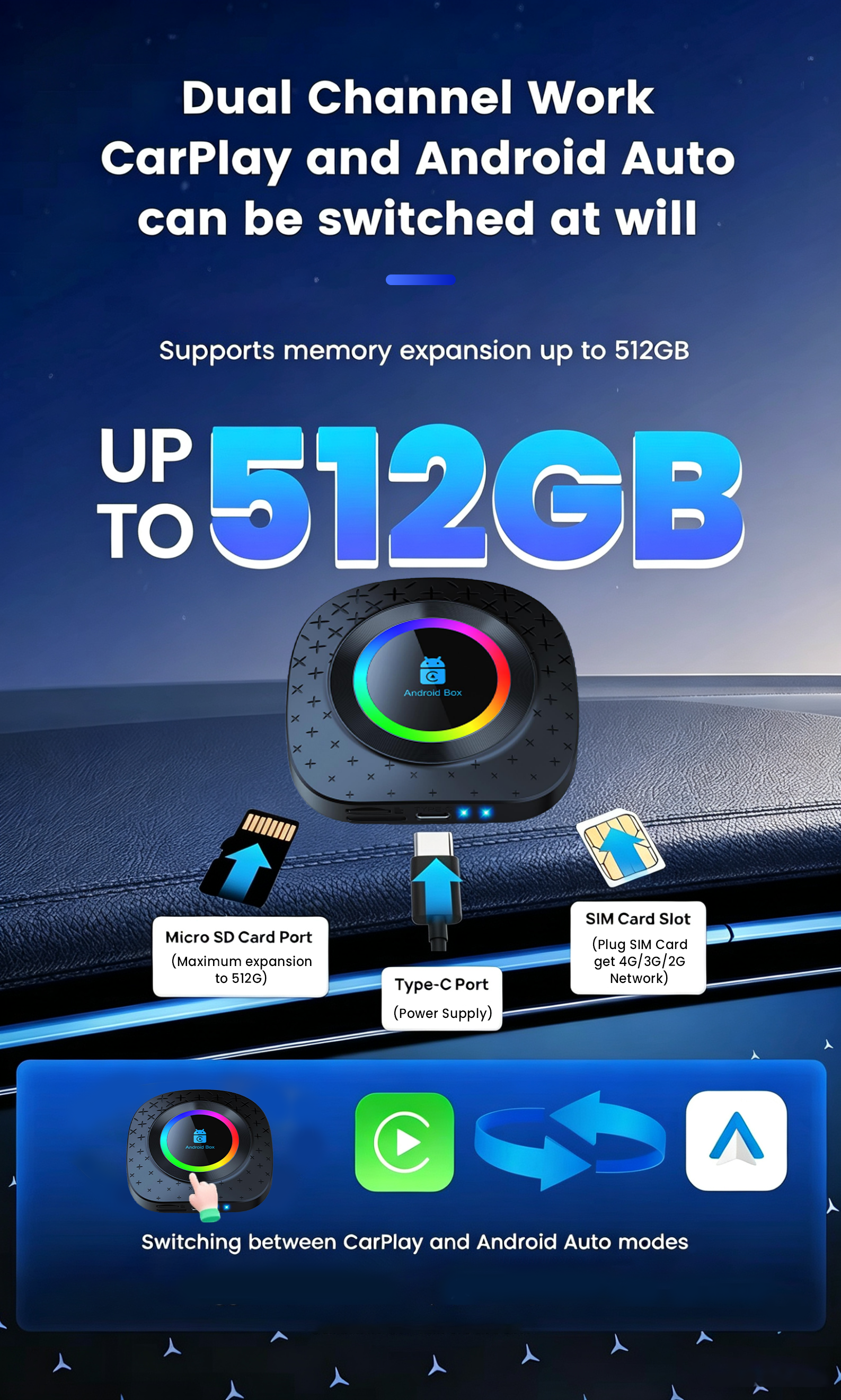Playaibox 4G+64GB Carplay Android Auto Stereo Video Car Adapter Ai Car Play Box Android 15 Universal Module Wireless Car Play