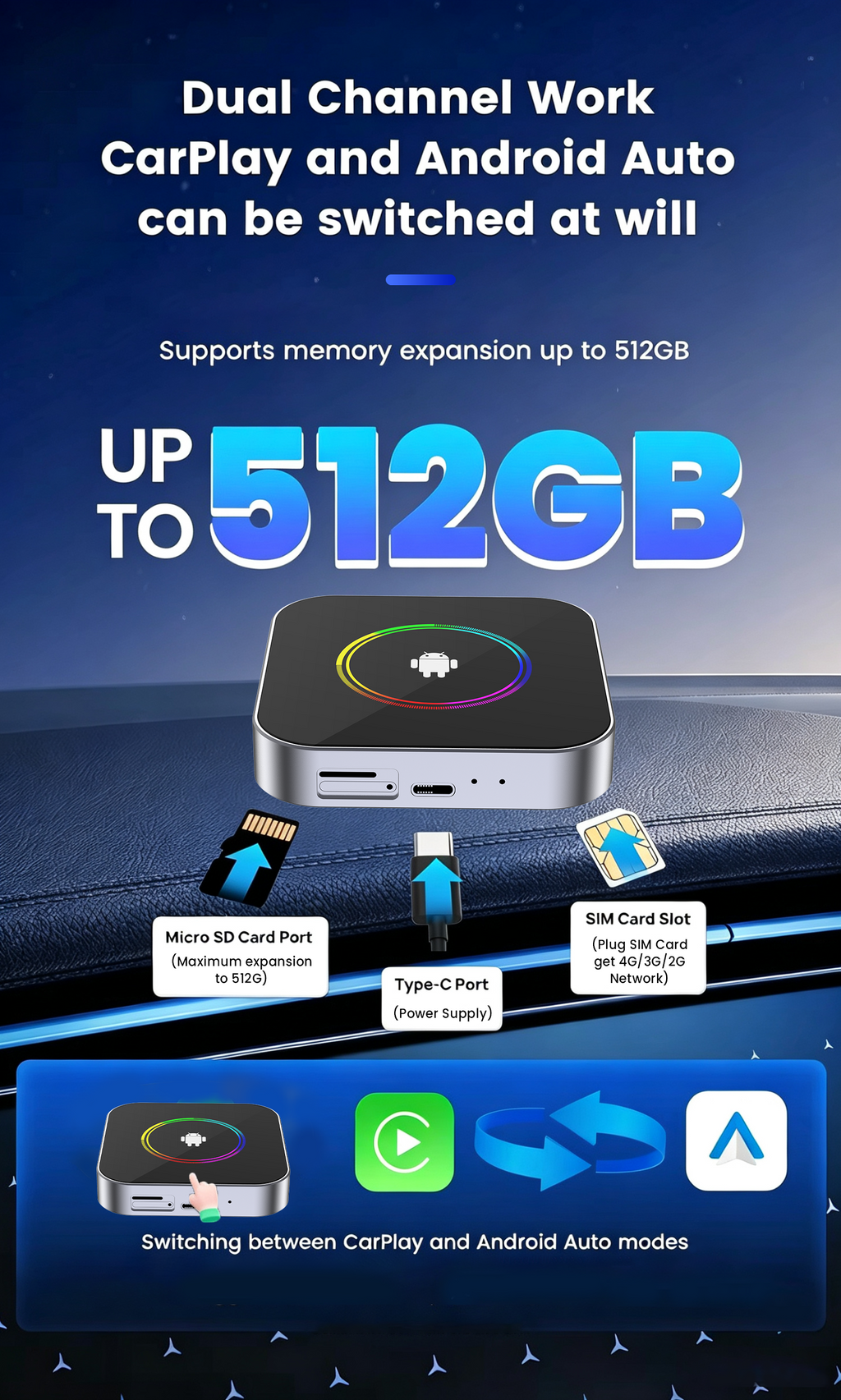 PlayAiBox  Android 15 CarPlay AI Box 4G+64GB Wireless Car Adapter Tbox Multimedia Player for YouTube Netflix GPS Navigation