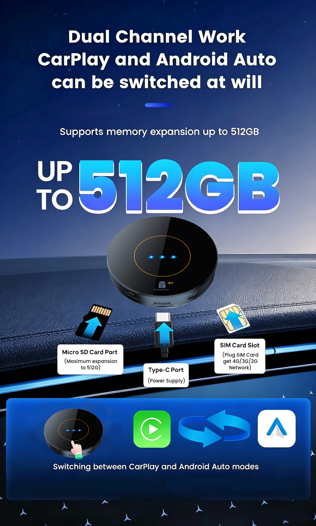 Playaibox CarPlay Ai Box 4GB+64GB Car Smart Box Android15 Wireless Apple Android Auto CarPlay Adapter AiBox Android 15 Carplay