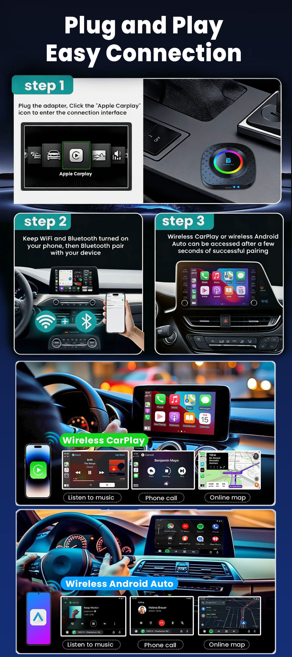Playaibox 4G+64GB Carplay Android Auto Stereo Video Car Adapter Ai Car Play Box Android 15 Universal Module Wireless Car Play