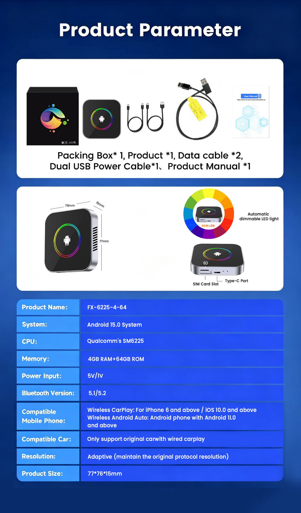 PlayAiBox  Android 15 CarPlay AI Box 4G+64GB Wireless Car Adapter Tbox Multimedia Player for YouTube Netflix GPS Navigation