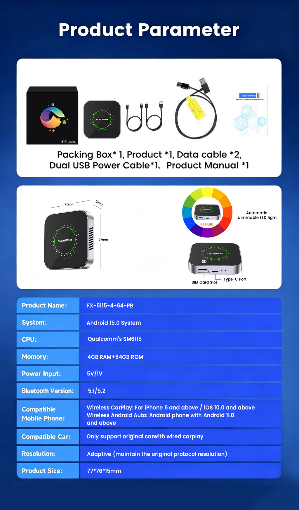 PlayAiBox Qualcomm 6115 Android Box 4G + 64GB CarPlayAndroid 15 Tbox with a Large Number of Apps, AI Video Box, Wireless Adapter