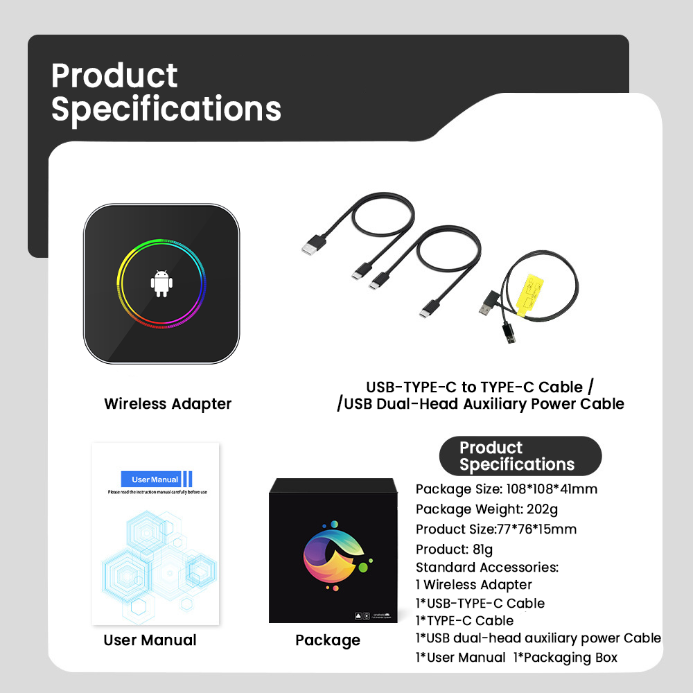 PlayAiBox  Android 15 CarPlay AI Box 4G+64GB Wireless Car Adapter Tbox Multimedia Player for YouTube Netflix GPS Navigation