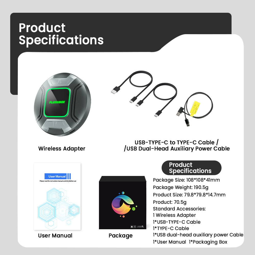 PlayAiBox Android 15 System Wireless Carplay AI Box Qualcomm 6225 for YouTube Netflix 4GB+64GB Built in GPS for OEM CarPlay Cars