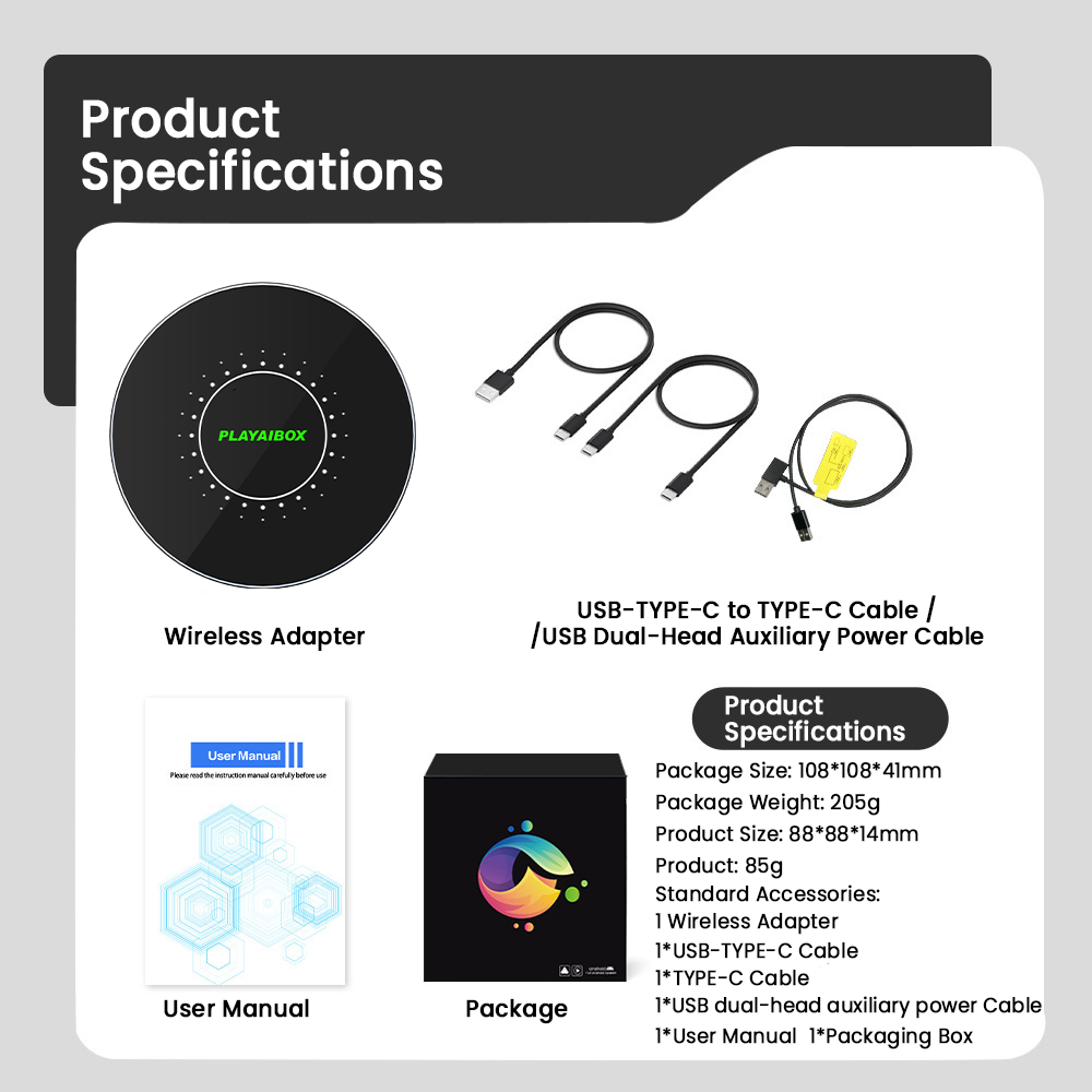 PlayAiBox Android 15 System Wireless CarPlay Ai Box 4GB+64GB Built-in Gps for Youtube Netflix for OEM Car With Wired Carplay