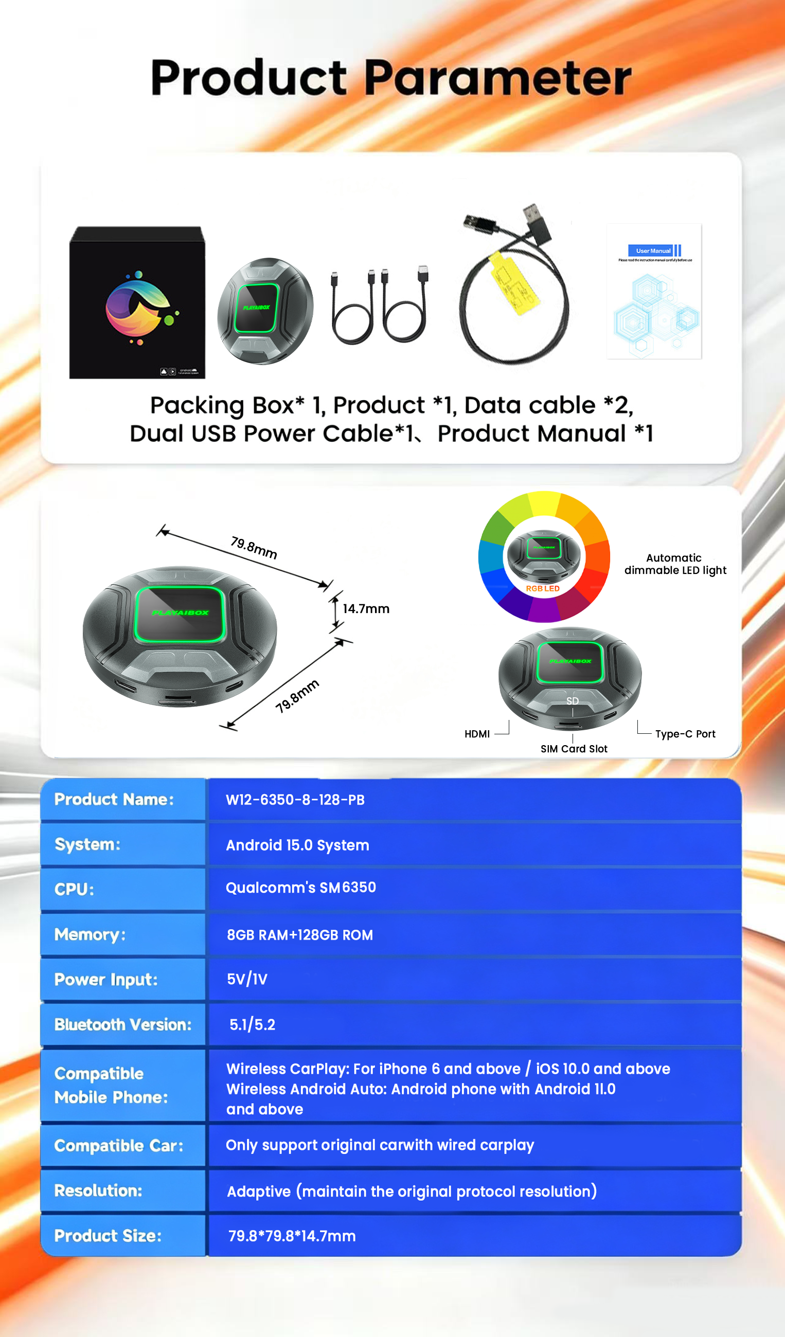 PlayAiBox Qualcomm 6350 Android15 Wireless Carplay AI Box 8GB+128GB Mirrolink 5G Network HDMI Car Multimedia for YouTube Netflix