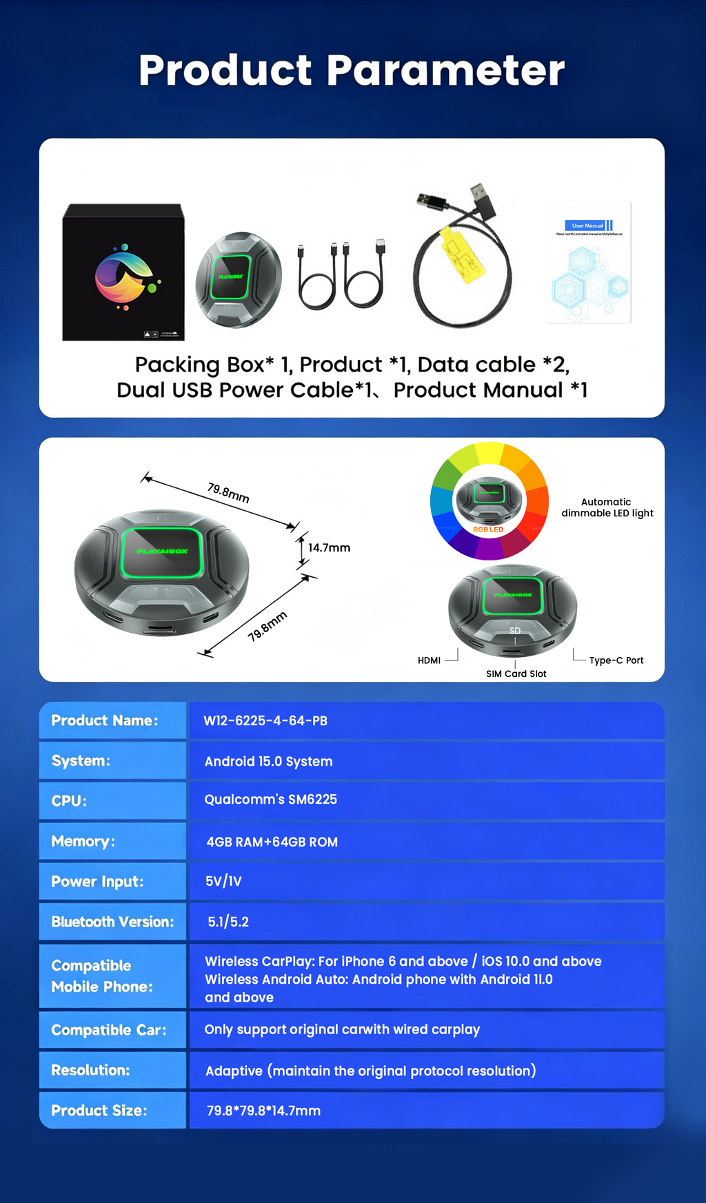 PlayAiBox Android 15 System Wireless Carplay AI Box Qualcomm 6225 for YouTube Netflix 4GB+64GB Built in GPS for OEM CarPlay Cars