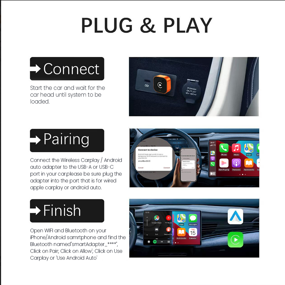 Wireless Carplay Android Auto Adapter Ai Box Plug and Play Fast Stable Connection Multimedia System Upgrade Kit