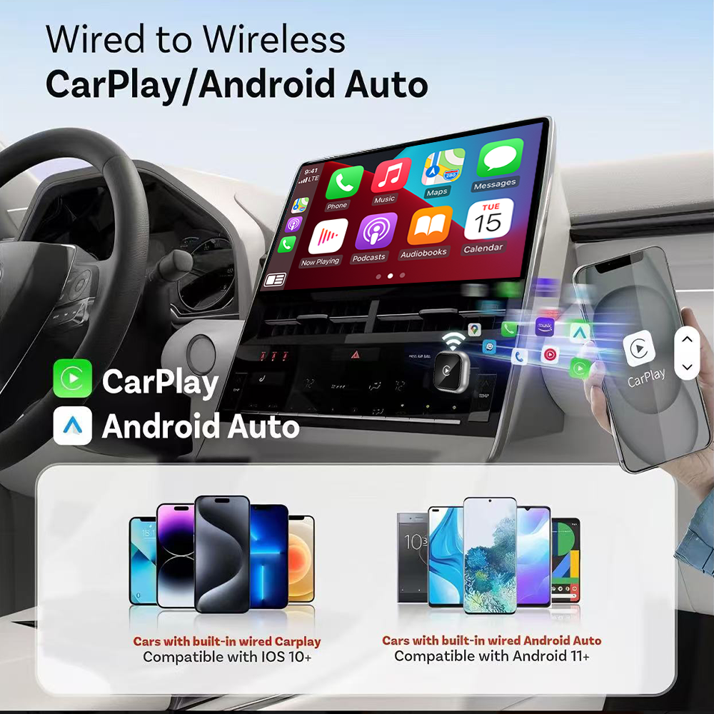 Universal 2-in-1 Wireless CarPlay Adapter - Plug and Play Automatic Connection for Factory Wired CarPlay Cars