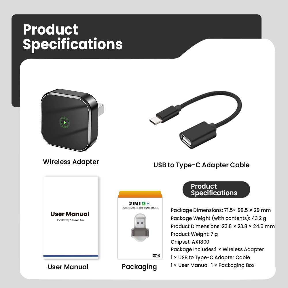 2-in-1 Wireless CarPlay & Android Auto Adapter Automatic Connection Plug and Play USB Dongle