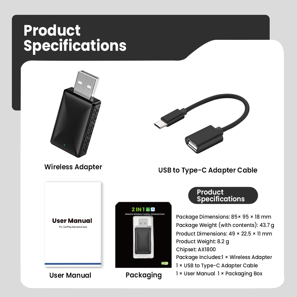 Classic Design 2-in-1 Wireless CarPlay Adapter, Stable Compatibility, Suitable for Apple and Android Car Infotainment Systems.