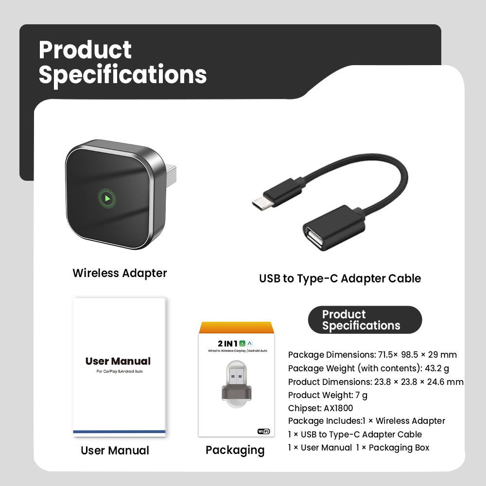 2-in-1 Wireless CarPlay & Android Auto Adapter - Automatic Connection Plug and Play USB Dongle