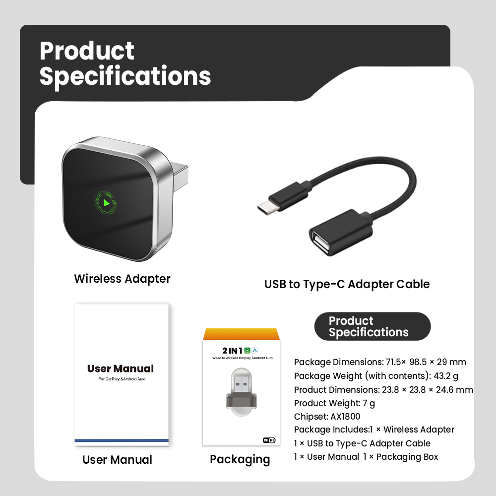 Automatic Connection Wireless CarPlay Adapter 2 in 1 Plug and Play Smart Box for Cars