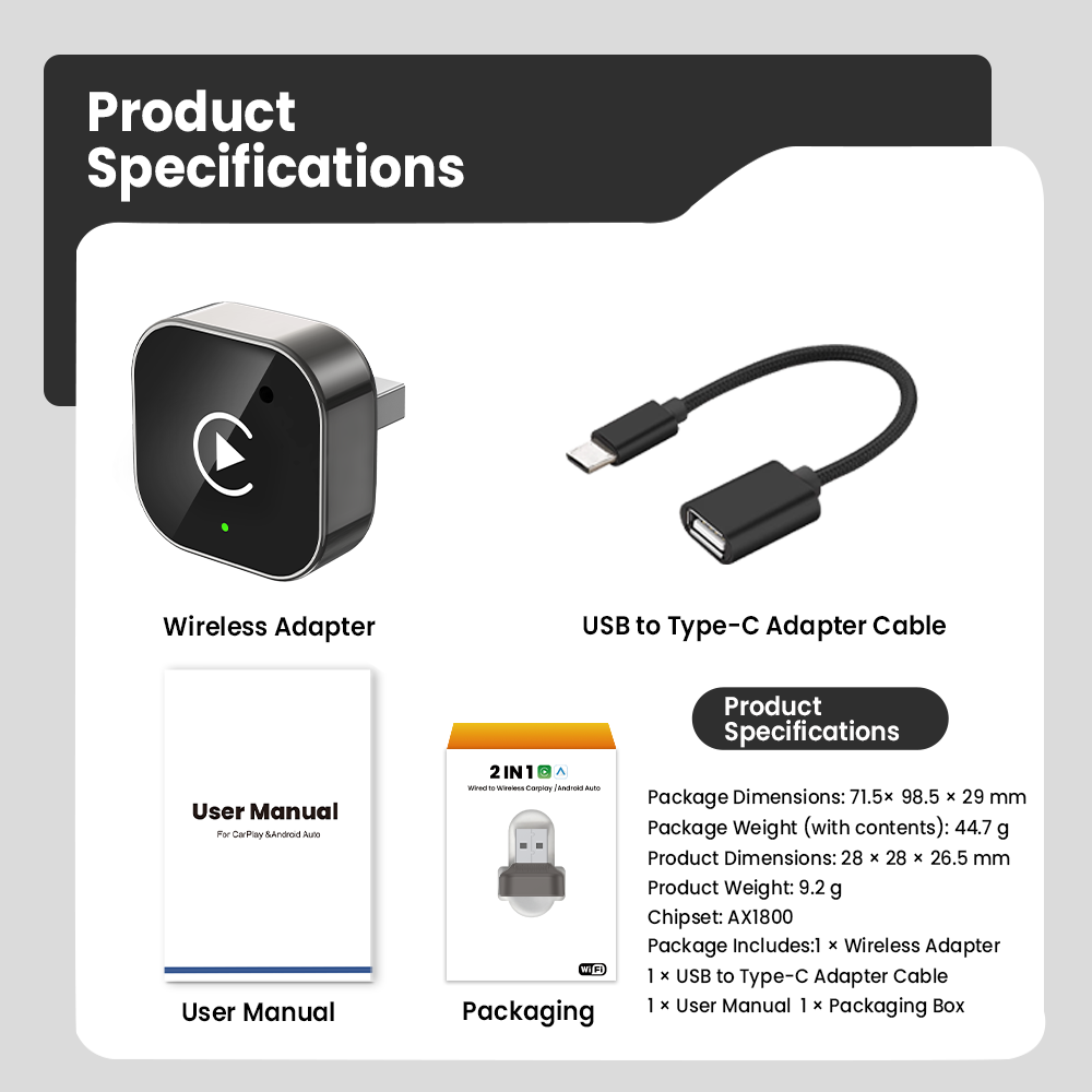 2-in-1 Wireless CarPlay Adapter for Cars - Plug and Play Automatic Connection USB Dongle, Convert Wired to Wireless