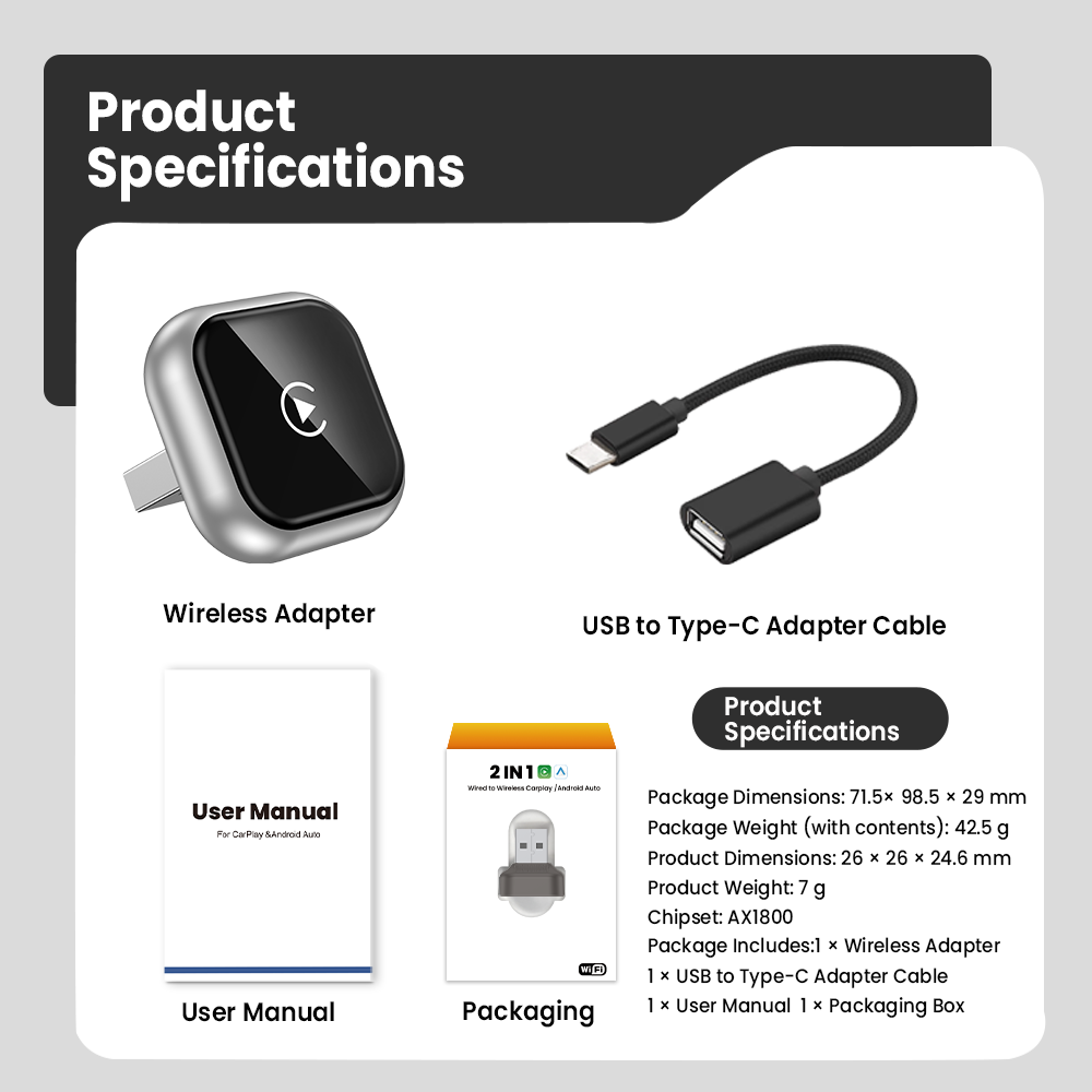Universal 2-in-1 Wireless CarPlay Adapter - Plug and Play Automatic Connection for Factory Wired CarPlay Cars