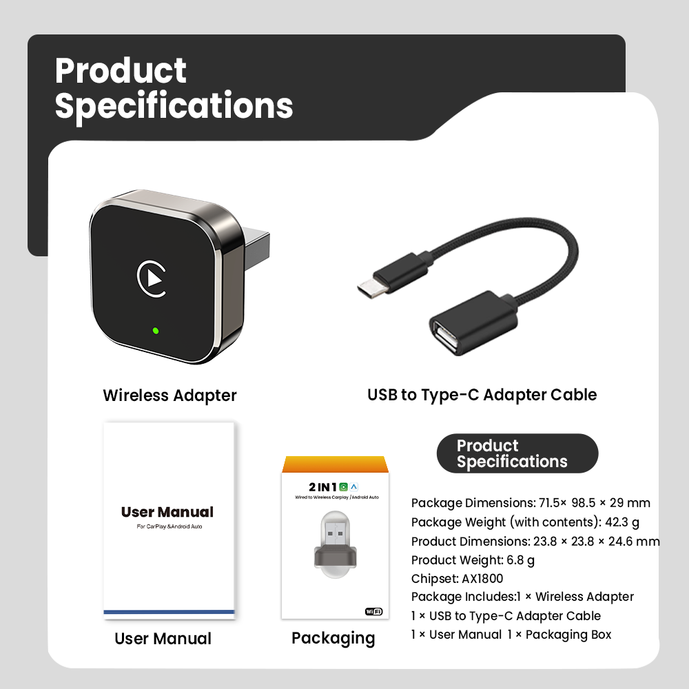Wireless CarPlay Adapter, Supports Wired to Wireless Conversion for Android Auto and Apple Connectivity