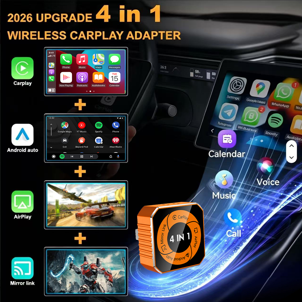 4-in-1 Wireless CarPlay Dongle, Plug and Play, Supports Video Playback Via CarPlay/Android Auto/Android Mirror/Apple Mirror.