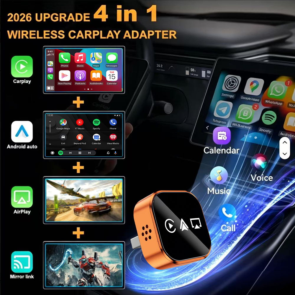 4 in 1 Wireless CarPlay Android Auto Adapter for OEM Wired Cars, USB Plug and Play for iPhone & Android Mirror Connection