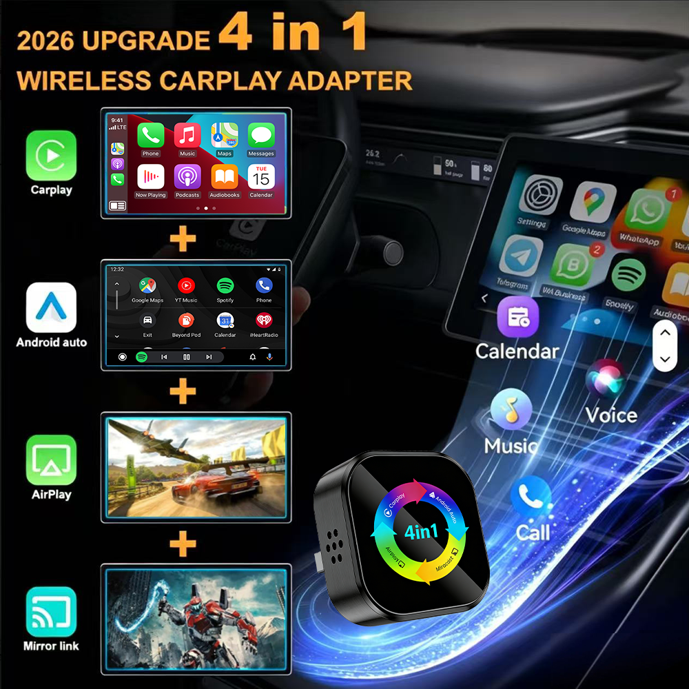 4-in-1wireless CarPlay Dongle, Connects Via CarPlay/Android Auto/Android Mirror/Apple Mirror, Plug and Play, Stable and Reliable