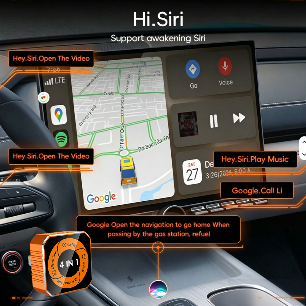 4-in-1 Wireless CarPlay Dongle, Plug and Play, Supports Video Playback Via CarPlay/Android Auto/Android Mirror/Apple Mirror.