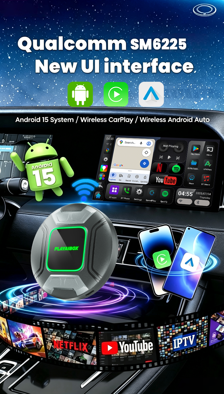 PlayAiBox Android 15 System Wireless Carplay AI Box Qualcomm 6225 for YouTube Netflix 4GB+64GB Built in GPS for OEM CarPlay Cars