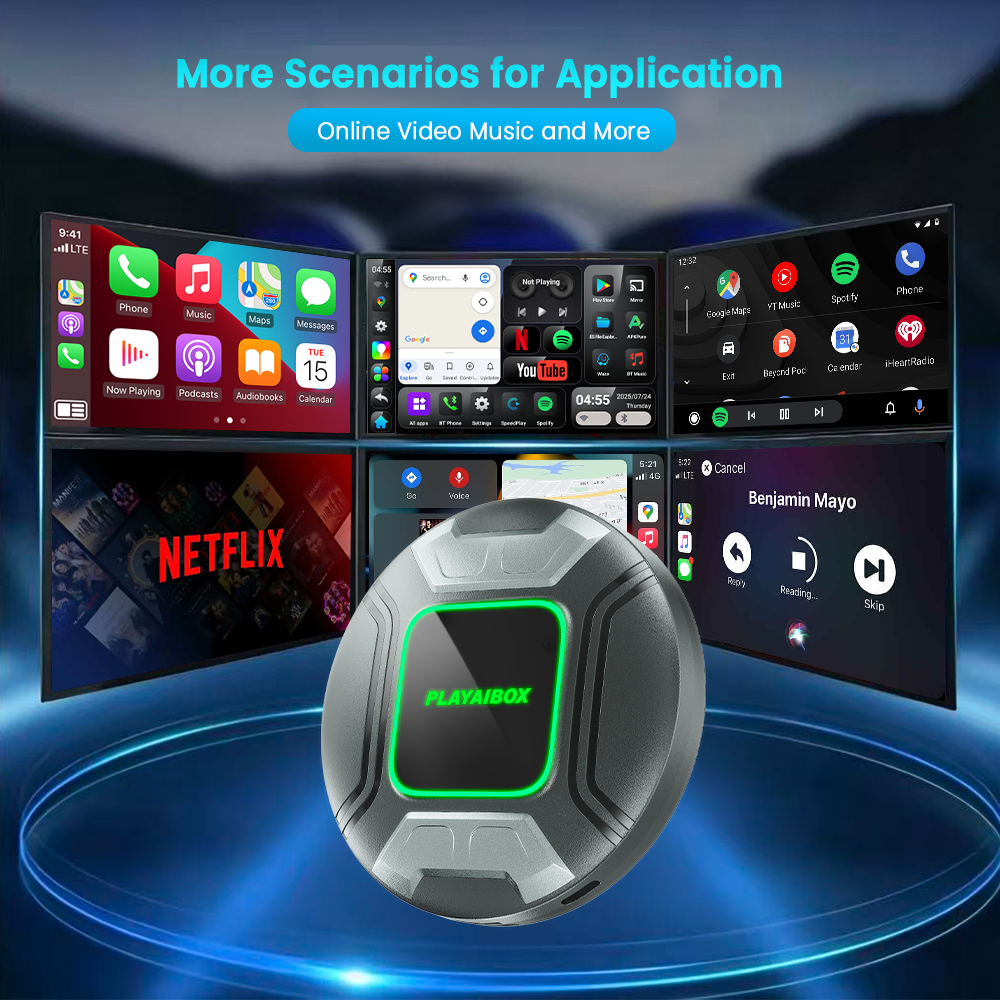 PlayAiBox Android 15 System Wireless Carplay AI Box Qualcomm 6225 for YouTube Netflix 4GB+64GB Built in GPS for OEM CarPlay Cars