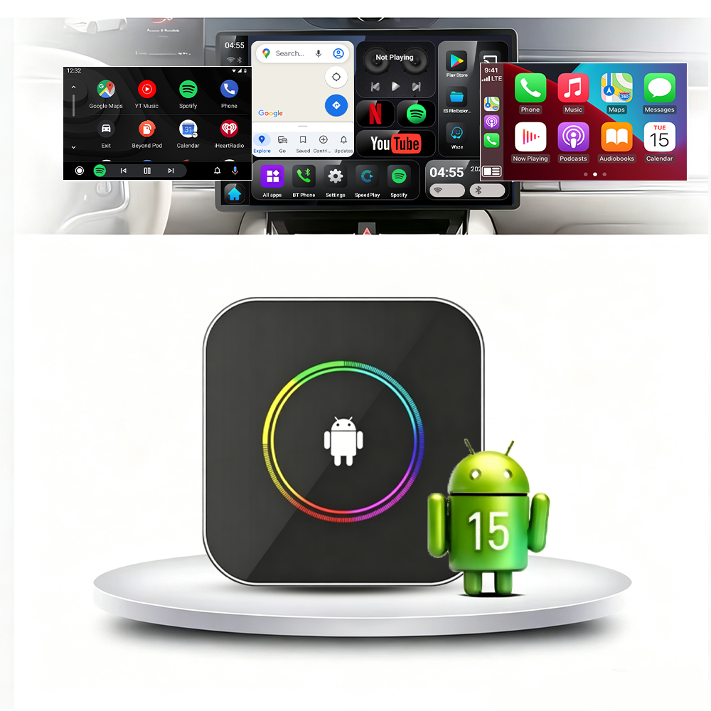 PlayAiBox Qualcomm 6115 Wireless CarPlay Android Box, 4+64GB Android 15 System, Built-in YouTube Netflix and Other Applications.
