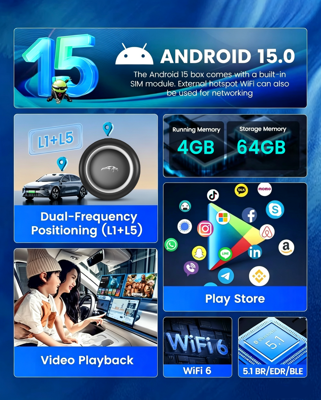PlayAiBox15 System Car Multimedia 4G 64GB CarPlay Android 13 Tbox with Massive Apps AI Video Box Wireless Adapter for Youtube