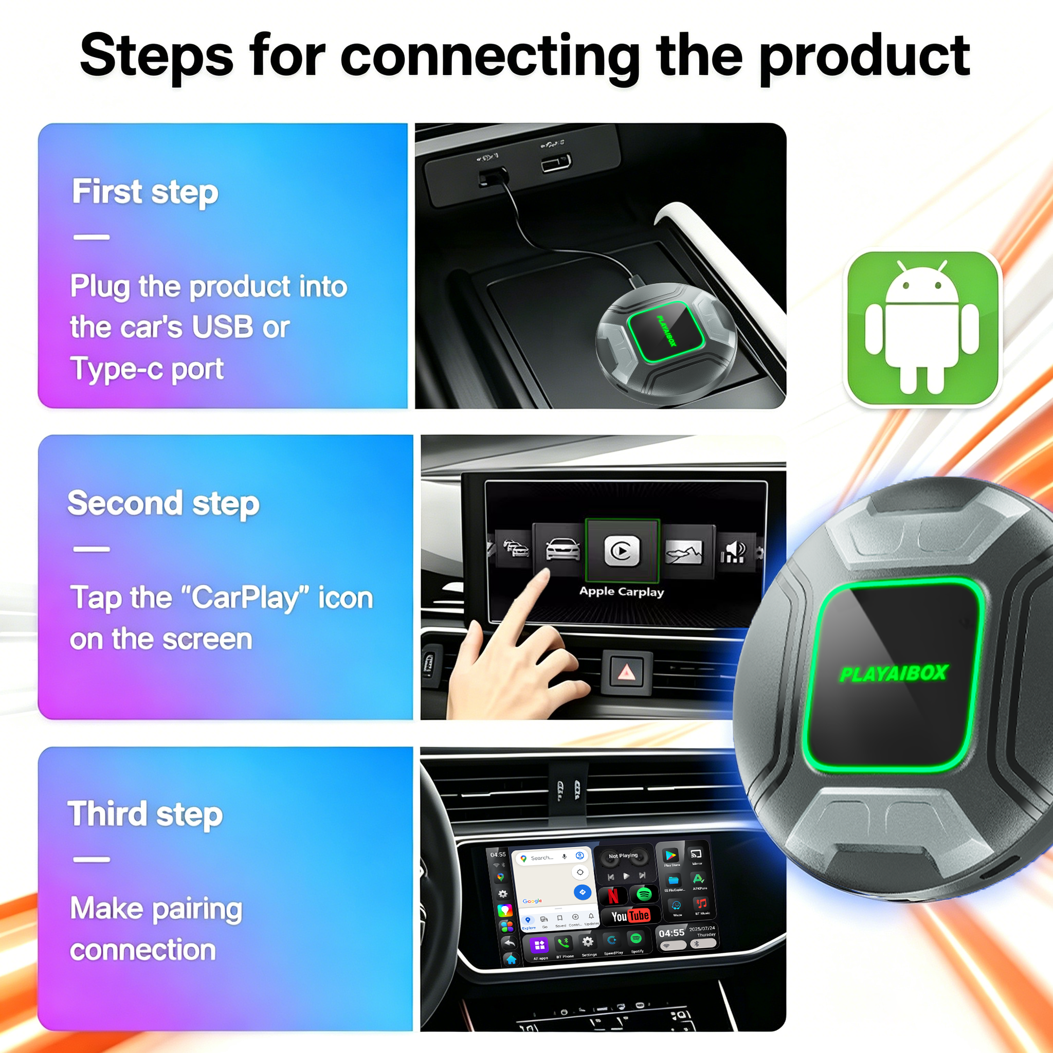 PlayAiBox Qualcomm 6350 Android15 Wireless Carplay AI Box 8GB+128GB Mirrolink 5G Network HDMI Car Multimedia for YouTube Netflix