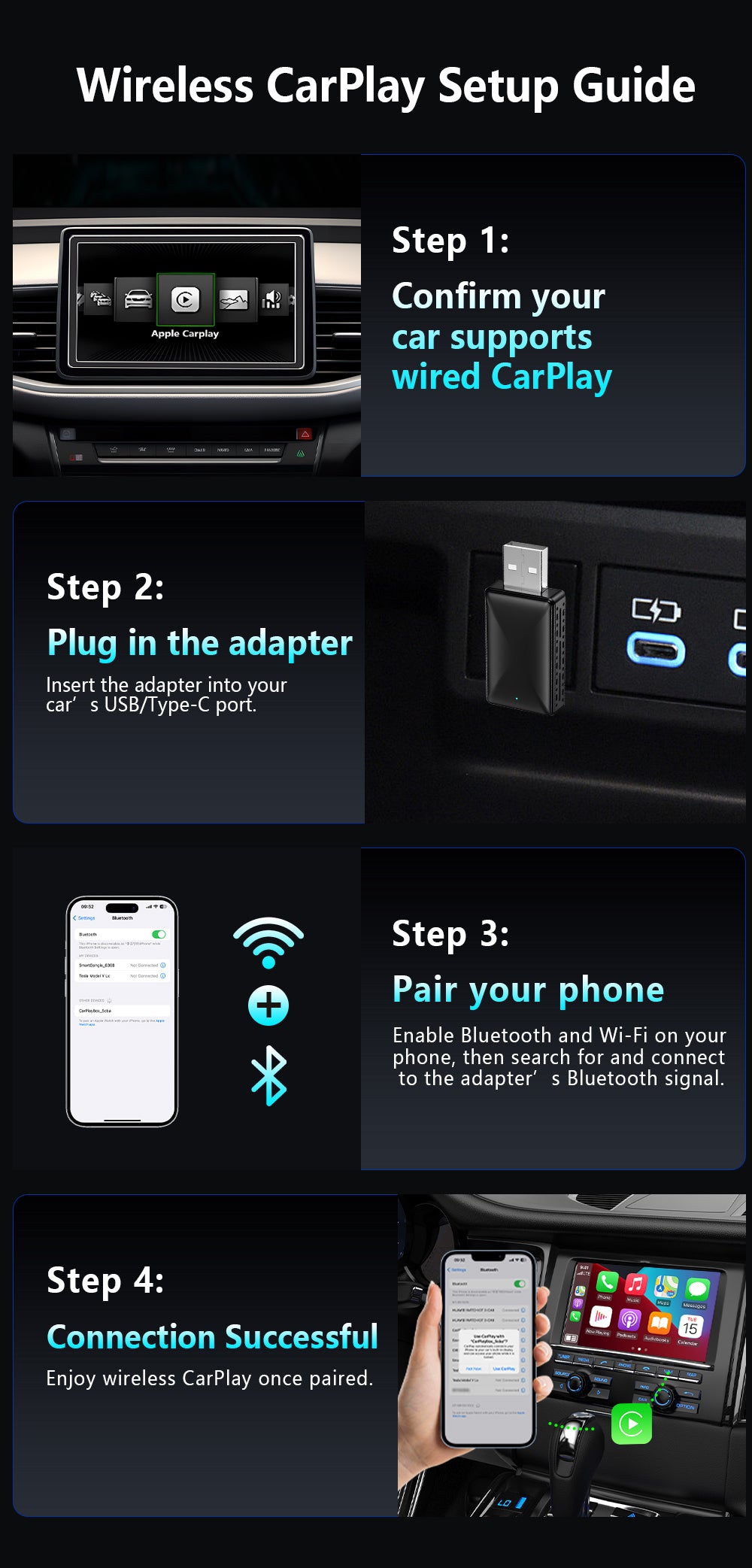 Classic Design 2-in-1 Wireless CarPlay Adapter, Stable Compatibility, Suitable for Apple and Android Car Infotainment Systems.