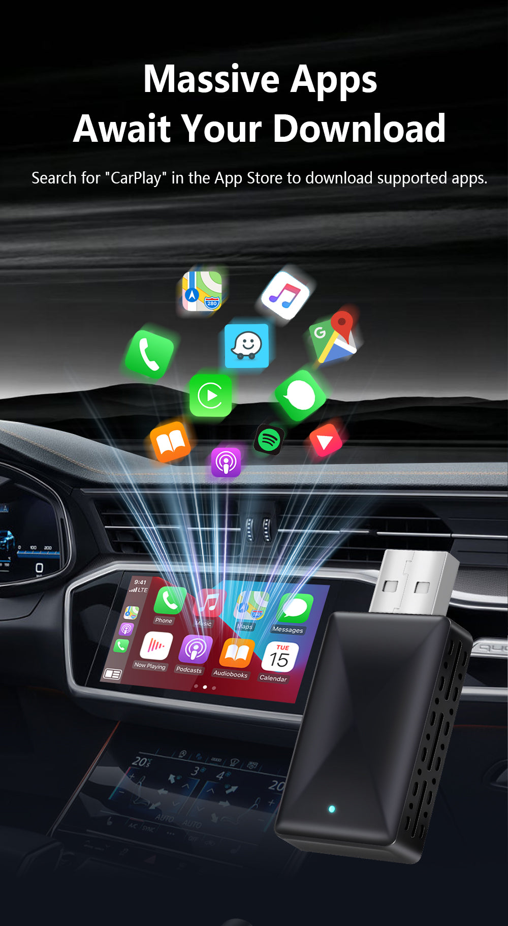 Classic Design 2-in-1 Wireless CarPlay Adapter, Stable Compatibility, Suitable for Apple and Android Car Infotainment Systems.